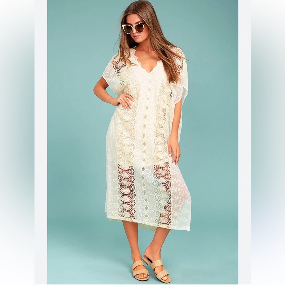 ASTR The Label Cream Crochet Lace Maxi Kaftan Dress Embroidered Boho Tassel
